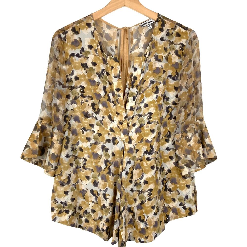 Chris Benz Designer Anita Silk Watercolor Blouse Neutrals Tan Women's Size 6